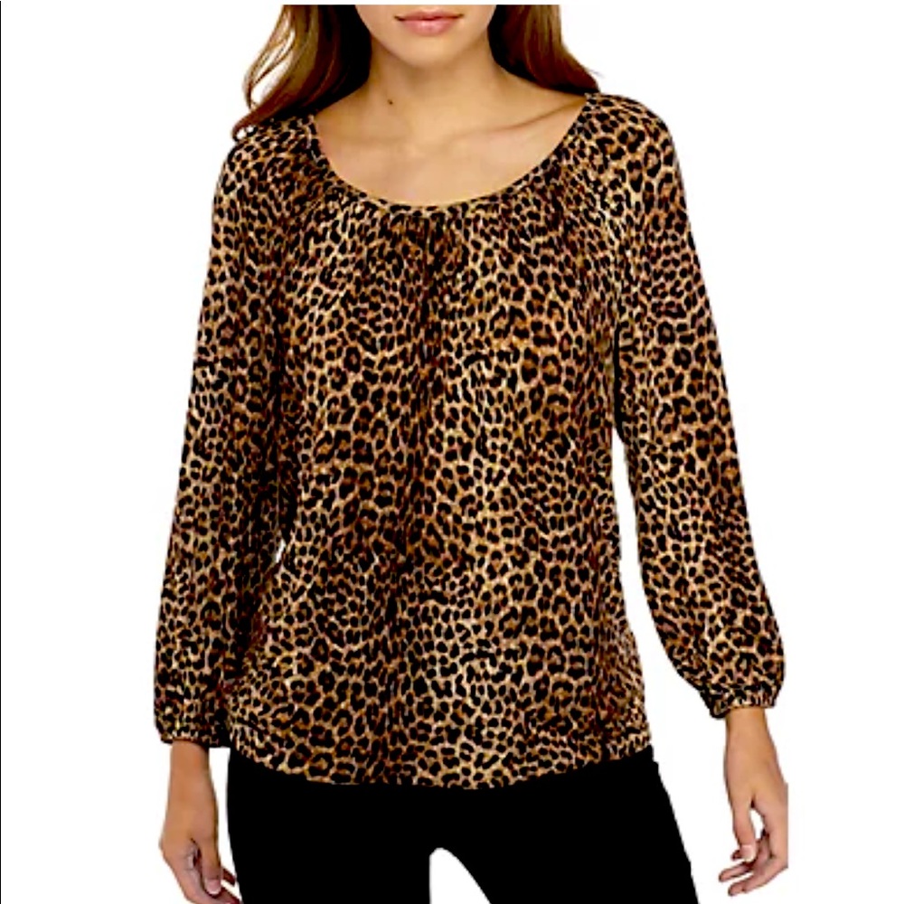 Michael Kors 3/4 Sleeve Peasant Top Leopard Print Size XL EUC